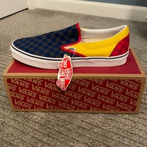 New size 12 blue yellow red checkered vans slipons